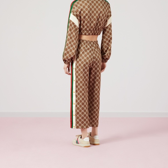 size M Gucci Women GG Cropped Track Pants Tear Away Buttons Web Beige Brown - Picture 7 of 15